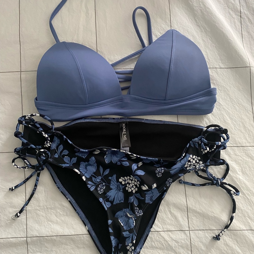 Adore Me Blue and Black Bikini Set with Floral Pattern